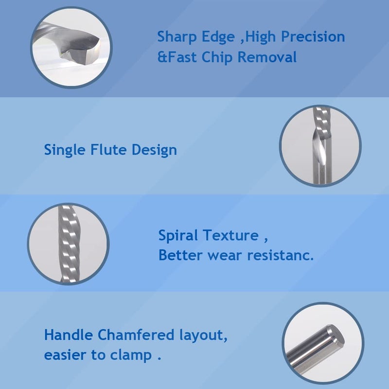 HOZLY 1/8 Inch Down Cut Single Flute (O Flute) Spiral End Mill CNC Router Bits ,with 0.08 Inch (2mm) Cutting Dia，43/64 Inch (17mm) Cutting Length for Acrylic PVC MDF Wood Pack of 5 - Image 4
